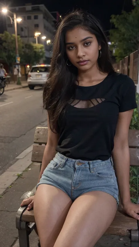 young attractive sexy indian girl, fifteen-years-old, cute baby face, elegant eyes, (panties,Small tight jeans shorts:1.2), Long Hair, Earrings, (sit on bench in public street at night), (From head to end of skirt) ,8k, RAW Photos, Highest quality, masterp...