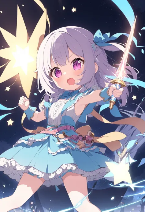 Loli with cosplay of a tender magic girl with a star rod fighting in the night sky.