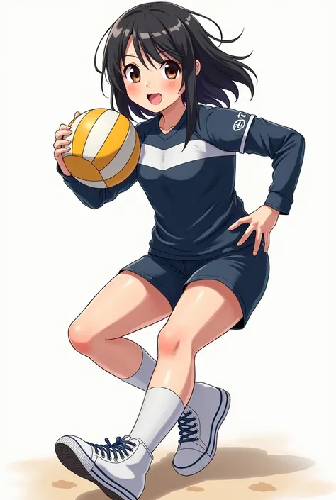 girl with shoulder-length black hair in the shape of a mane,  dark brown eyes , round face with a volleyball pose ball receiving forearms in a black blue and white uniform with white high-top sneakers and that can be seen between one side 