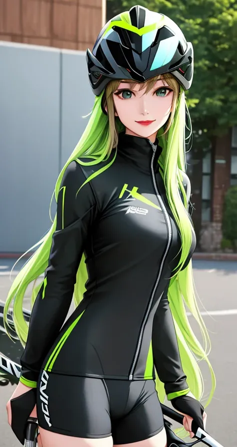 woman is smile, long hair brown, helmet normal, she is solo, from alternative world ,best quality, realistic, cycling green and black color suit and cycling sports shorts, she is stand , red lipstick,