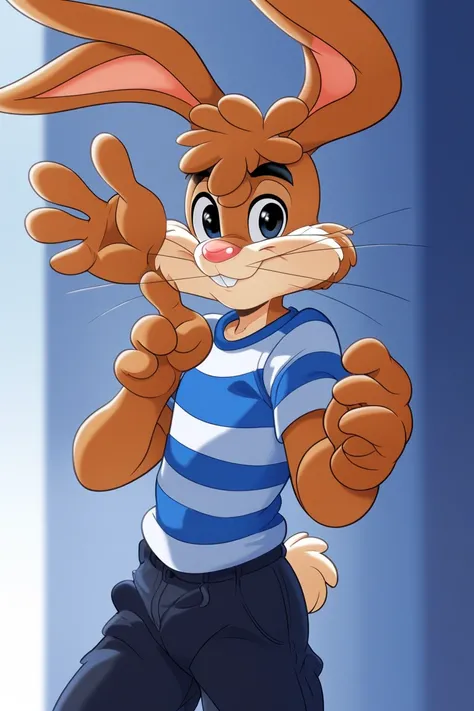 zPDXL3,quicky,4 fingers,brown fur, black pants, blue striped shirt, standing, young adult, cute version of quicky, cute rabbit hair, furry, rabbit, male, Warner Bros style, femboy, slim,solo,looking_at_viewer,