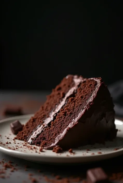 cinematic film still chocolate, chocolate cake, dark background, quality photo, moist texture, frosting, studio photo, slice . shallow depth of field, vignette, highly detailed, high budget, bokeh, cinemascope, moody, epic, gorgeous, film grain, grainy