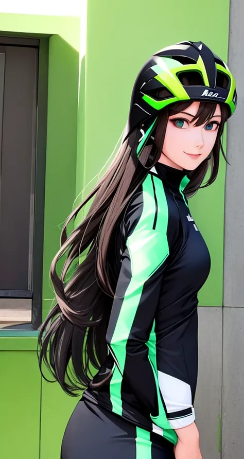 woman is smile, long hair brown, helmet normal, she is solo, from alternative world ,best quality, realistic, cycling green and black color suit and cycling sports shorts, she is stand , makeup face