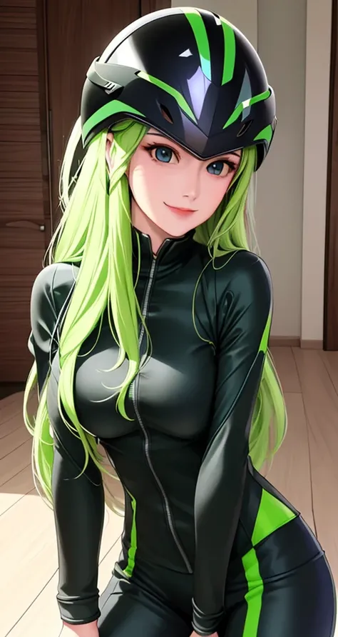 woman is smile, long hair brown, helmet normal, she is solo, from alternative world ,best quality, realistic, cycling green and black color suit and cycling sports shorts, she is stand , makeup face