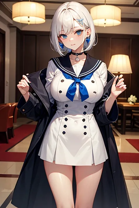   sailor suit with various coat colors、 A white-haired woman with short hair   。    I have dolphin-shaped earrings on my ears。   sexy,  big breasted with a cross eye  。 I'm at the hotel   。