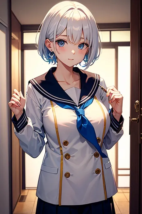   sailor suit with various coat colors、 A white-haired woman with short hair   。    I have dolphin-shaped earrings on my ears。   sexy,  big breasted with a cross eye  。 I'm at the hotel   。