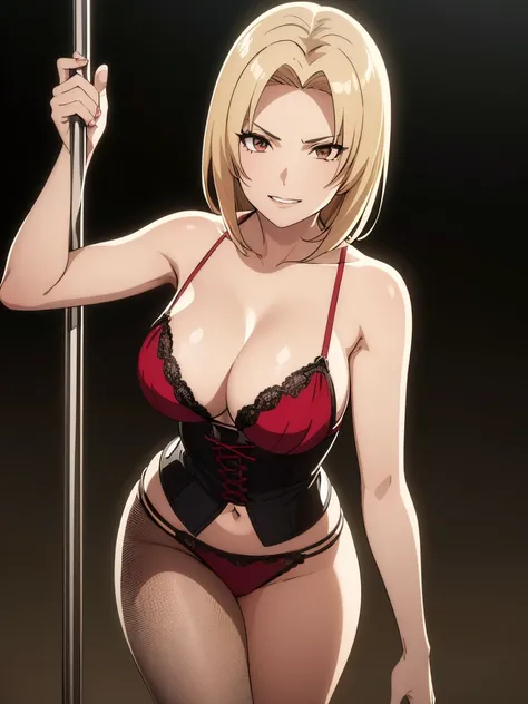 1girl, solo focus, brown eyes, grin, looking at viewer, very flirty, mature female, large breasts, Senju Tsunade, masterpiece, best quality, high quality, Woman (ethnicity:1.0), (age:2.0), (detailed clothing:1.2), (accessories:1.2), (facial features:1.1), ...