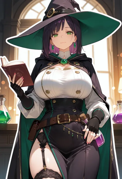 (masterpiece, best quality, high quality, highres, ultra-detailed, white outline skin), 1girl, solo, anime, bangs, medium hair, two tone hair, black hair, purple hair, alchemist hat, alchemist dress, belt on hip, green eyes, stocking, garter belt, big brea...