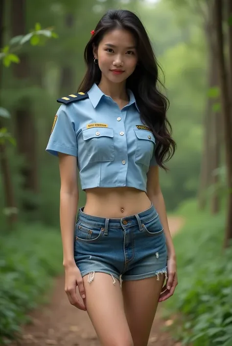 a cute woman from thailand with   short security guard suit .  whole body .  realistic beautiful girl.forest.her face like reference picture. legs appear.   masterpiece.pretty. 18 year old. blue jean.  cup D size. good curve. see belly.