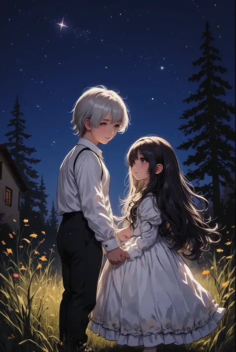 Masterpiece level , great style , The deep love between father and daughter, shot from a high position, Smiling father wearing a white vest and black pants with a house on the left side of the frame , The background is night, dark blue , Starry Sky , ...