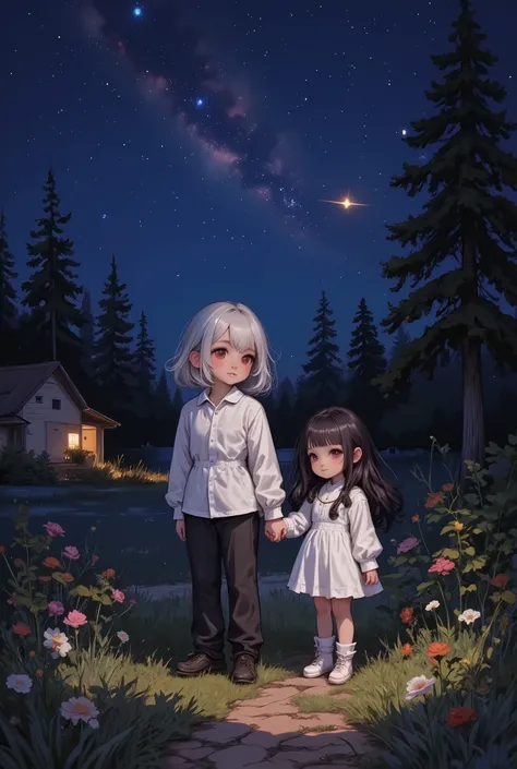 Masterpiece level , great style , The deep love between father and daughter, shot from a high position, Smiling father wearing a white vest and black pants with a house on the left side of the frame , The background is night, dark blue , Starry Sky , ...