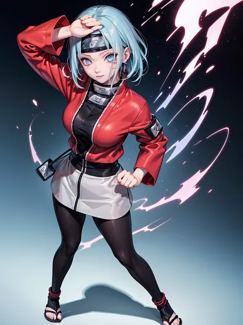 best quality, masterpiece, (full body:1.3), (She is Naruto:1.8), (solo:1.6), (Horn on forehead, black pantyhose:1.5), (light blue hair:1.5), (multicolored light pink hair, light blue eyes, round eyes, short bob cut, wavy hair:1.2), beautiful face, (realist...