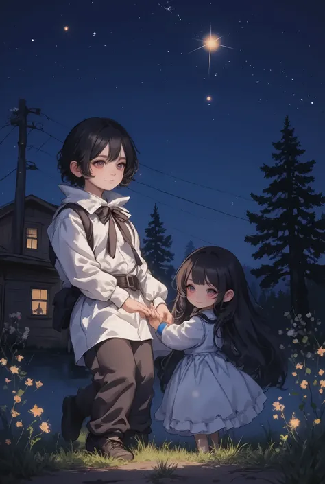 Masterpiece level , great style , The deep love between father and daughter, shot from a high position, Smiling father wearing a white vest and black pants with a house on the left side of the frame , The background is night, dark blue , Starry Sky , ...