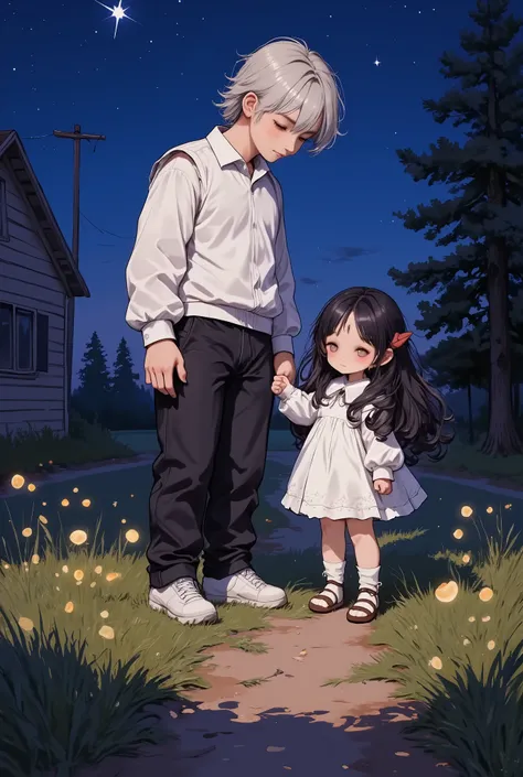 Masterpiece level , great style , The deep love between father and daughter, shot from a high position, Smiling father wearing a white vest and black pants with a house on the left side of the frame , The background is night, dark blue , Starry Sky , ...