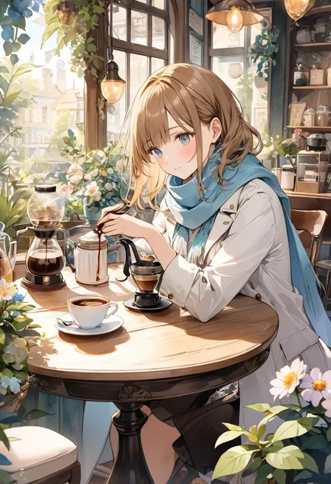 ( top quality)( Masterpiece)、 watercolor style raised backwards、 antique coffee shop 、 surrounded by flowers and foliage plants 、Siphon Coffee、 long brown and gold haired woman drinking coffee at an antique table、 soft blue scarf 、 white coat、Pastel colors...