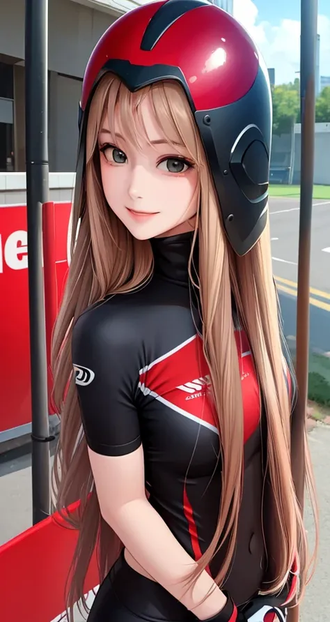 woman is smile, long hair brown, helmet normal, she is solo, from alternative world ,best quality, realistic, cycling red and black color suit and cycling sports shorts, she is stand , makeup face