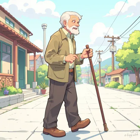 Grandpa making a cane、Taking a walk、The building is in the background、2D illustration、 simple illustration、 hand-drawn illustration、illustration、Anime Design、 A clear line、Clear lines 、Thick Line、 simple illustration without gradation。