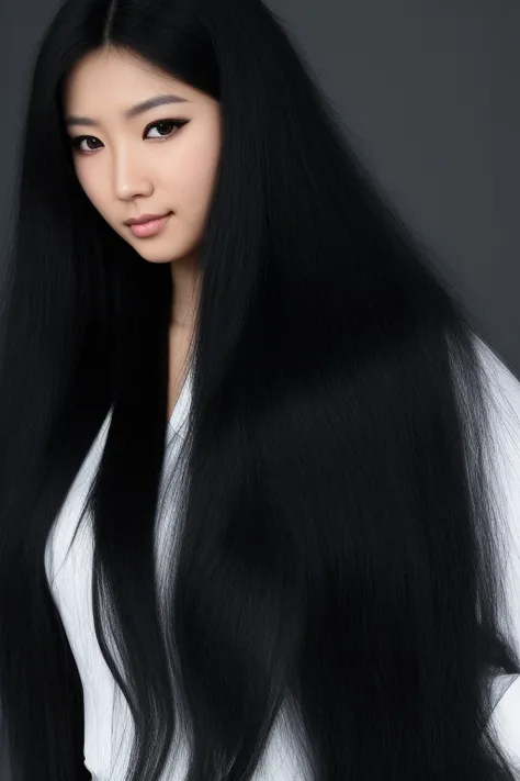    very long hair , Almost Totally Black Hair,  long wolf hairstyle,   most extreme lion hair   ,Thick Hair,Thick Hair,The hair covers the entire left eye,heaviest hairstyle   , Shiny black hair, 1 Japanese woman , Female prison officer ,    black uniform ...