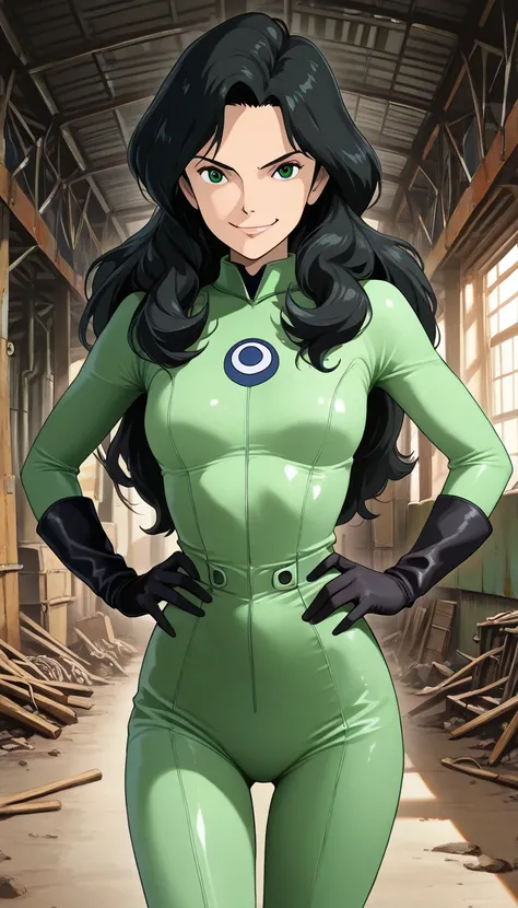 (1girl, solo, BodySuit_Gagala_Shego_ownwaifu), (extremely detailed CG unit 8k wallpaper),(master part), (best quality), (ultra detail), (best illustration),(ghibli_style), cowboy shot, standing, facing viewer, looking at viewer, perfect face, perfect eyes,...