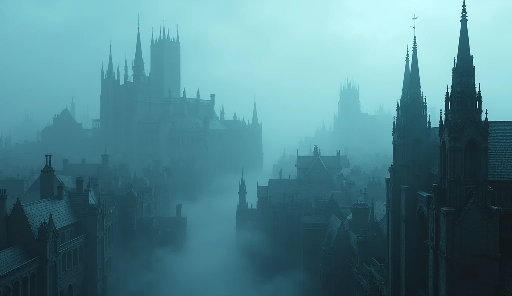 “A medieval city ,  disappearing into the fog of time” is a city with Gothic architecture,  dissolving in a mysterious bluish fog ,  symbolizing lost ages .