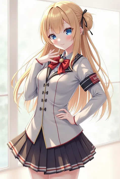 White-skinned female android with very feminine stylized high school uniform with blonde hair and blue eyes white skin full body anime style 