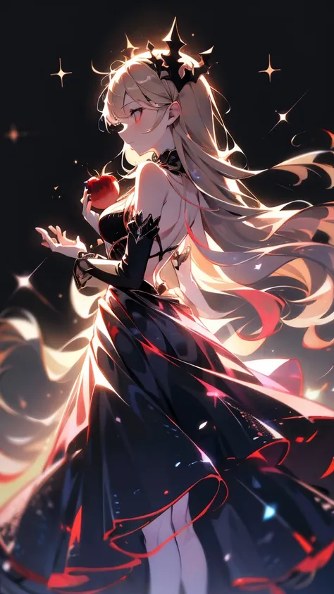  high resolution,  fantasy,Ancient City, bangs between eyes,  blonde,  very long hair,  character profile on the sea cliff , Nibble on a red apple ,grim Reaper,vampire, Ghosts, gothic dress with an empty back, frill,Pale complexion,meditation,pray, black l...