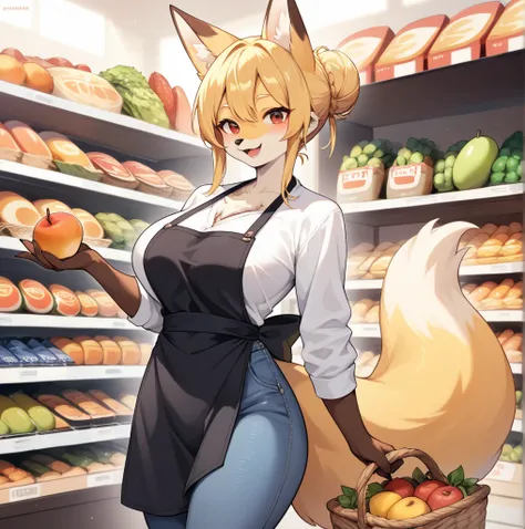 Furry art, anime style, female, yellow fox, red eyes, yellow hair in French bun, big chest, brown hands, jeans, white jacket, black apron, fruit shop, fruit basket, smiling