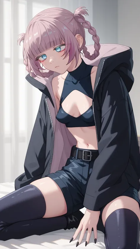 1girl, nazuna, pink hair, ringed eyes, short hair, blunt bangs, blue eyes, braid, hair rings
belt, black shorts, cleavage cutout, sleeveless turtleneck, crop top, thighhighs, black thigh boots, high heel boots
black coat, long sleeves
black nails, small br...