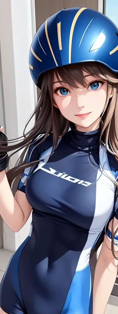 woman is smile, long hair brown, helmet normal, she is solo, from alternative world ,best quality, realistic, cycling lite blue and black color suit and cycling sports shorts, she is stand , makeup face