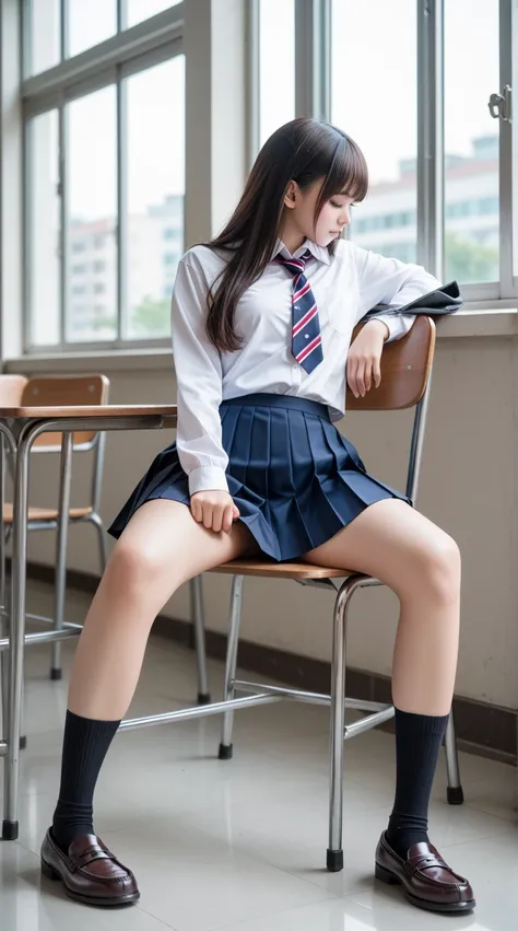 A single woman wearing a pleated skirt and navy high socks,  backshot、 is stretching her legs、 highlight buttocks、 butt sticking out pose 、 tight little butt sleeping in the passenger seat、  Japanese High School Girls Uniforms ,,  cute high school girl, a ...