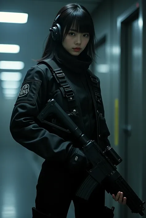  dark interior of Nostromo ,Gigar-style cyberpunk vibe , blurry background,whole body, black military jacket like a futuristic SWAT unit , in-ear monitor , tactical holster to hide half of her face , gloves,  one woman ,  cute face ,  a beautiful and well-...