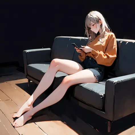 (masterpiece,  best quality:1.2),  alone,  casual wear,  full body,  dark background,  woman, Using a cell phone on the couch