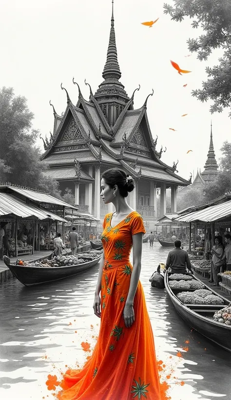  inks and ink drawings,A splash of color, a woman wearing a Thai dress, a Thai temple, a Thai temple, people trading with a long-tail boat