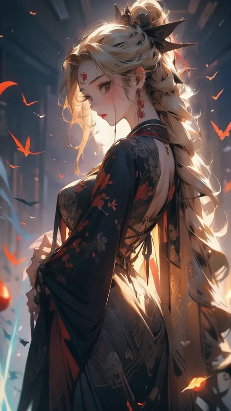  high resolution,  fantasy,Ancient City, bangs between eyes,  blonde,  very long hair,  character profile on the sea cliff , Nibble on a red apple ,grim Reaper,vampire, Ghosts, gothic dress with an empty back, frill,Pale complexion,meditation,pray, black l...