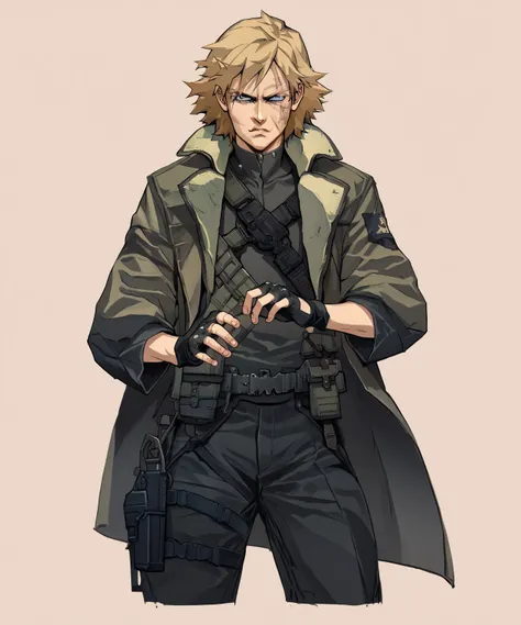 safe_pos, score_9_up, score_8_up, score_7_up, simple background, BREAK
kuonTelson, human, man, blue eyes, blonde hair, short hair, facial scars, solo, standing, fingerless gloves, serious face,black military uniform under open coat, black cargo pants, hols...