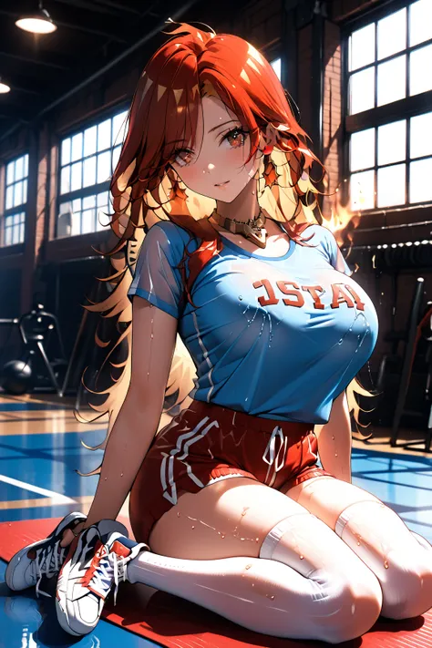  1 woman、 big breasts、 red hair tips are burning、1970〜 Retro Sports from the 1980s Woman in fashion 。 Top is a simple white short sleeve t-shirt 、Can you see through when wet with sweat、 classic design with lines on the sleeves and collar that can be seen ...