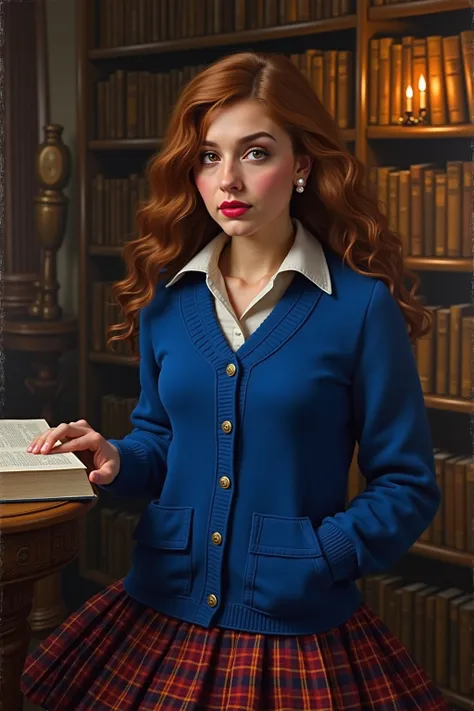 Hermione Granger red lipstick royal blue cardigan button placket pockets pleated skirt tartan pearl earrings in the library