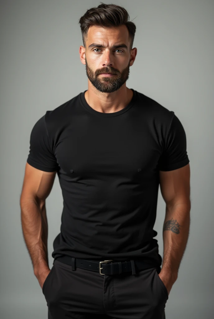 A man wearing a black cargo pants  and a black  tshirt with sleeves rolled up to the elbows.
He has neatly trimmed beard.His hair is cut in a classic style. His eyes are gray.He has olive skin.