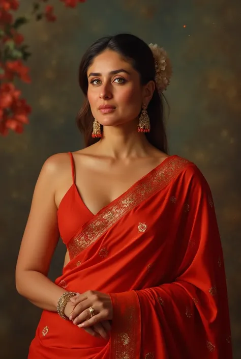 Indian lady in a red saree in a deep cleavage spaghetti type blouse, low waist saree.