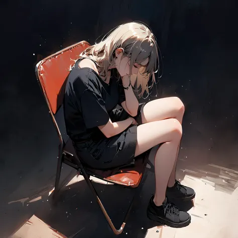 (masterpiece,  best quality:1.2),  alone,  casual wear,  full body,  dark background,  woman,  Sitting on a Chair , sorrow, I let go of my neck and cry,  top view