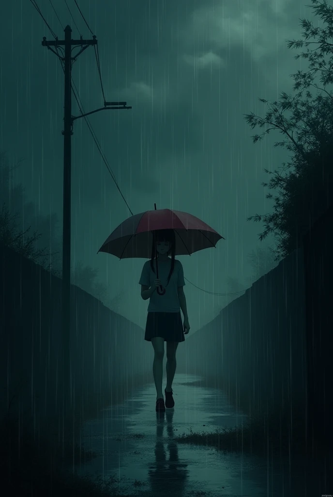  The cover of the novel . Lone girl who is carrying an umbrella while raining in the dark sky and she is sad