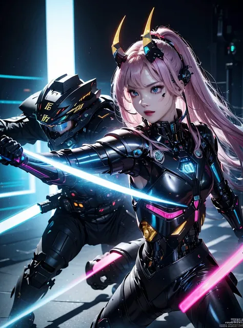  very detailed,  high quality,  high resolution, 4K.16k,  1 beautiful ninja who looks like a metallic cyborg humanoid model with long pink hair 、gorgeously decorated black armor with metallic light reflecting gold,blue lightning、Mechanical body, cool face ...