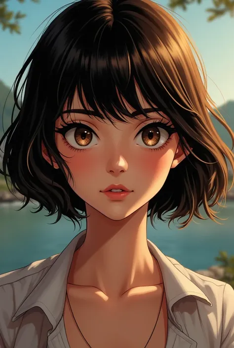  1 girl, Focus on the face,  staring at the audience , Outdoor, masterpiece,  best quality, Aesthetic,  high resolution ,  brown short hair,  brown eyes, comic book,  sharp eyes