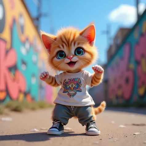 a baby cat drawn in size 25, 1 adorable baby cat , A realistic cat is standing on 2 legs ,smile, The eyes look like beautiful marbles,Detailed and realistic coat , kitten wearing dowel T-shirts, kitten wearing dowel pants , blue sky, background is in fron...
