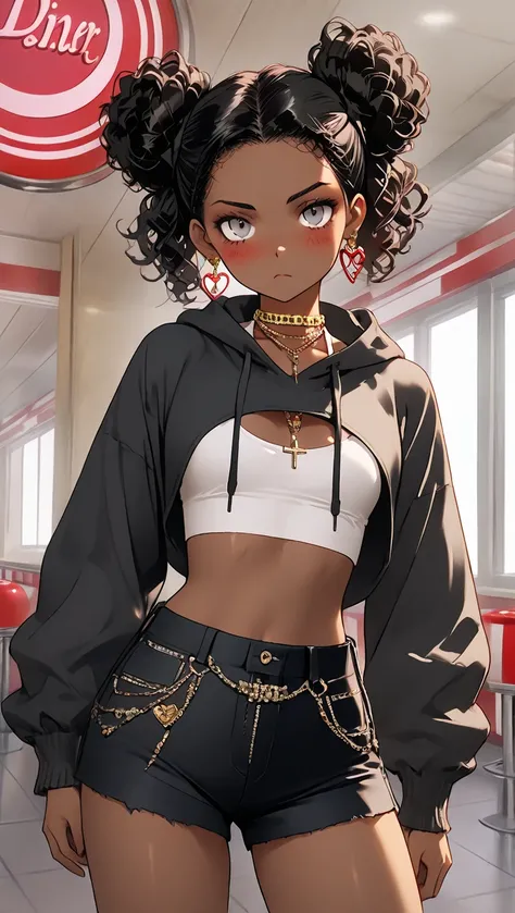 1Girl, Mature, Ebony, African American, Dark Skin, Jet Black Curly Hair, Small Double Buns, Ash Grey Eyes, Medium Chest, White Halter Crop-Top, White Cropped High-Cut Hoodie, Black Short Shorts, Jewelry, Heart Earrings, Looking At Viewer, Bored, Serious, B...