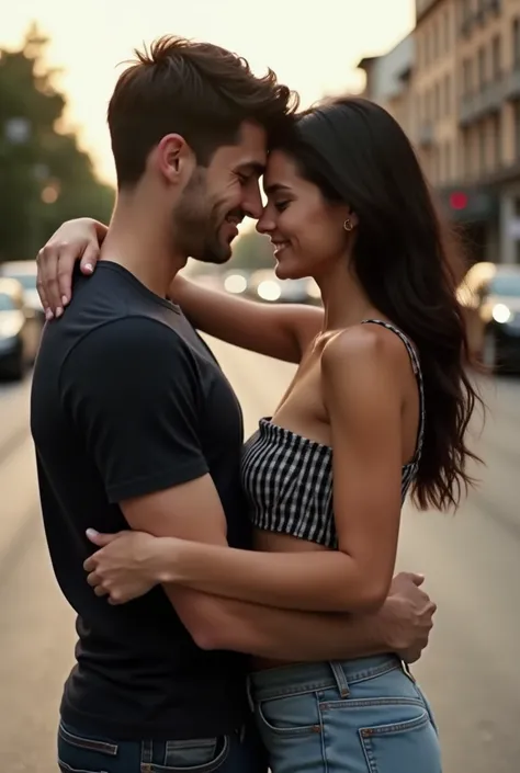   Realistic style Latin image full body couple , Kylie jenner Women cara  , Calvin men's face   , Women de cabello negro liso largo ,  short black hair man  , Women ,  hugging each other  ,  clothing Tommy Hilfiger  ,  smiling ,   on a street during the da...