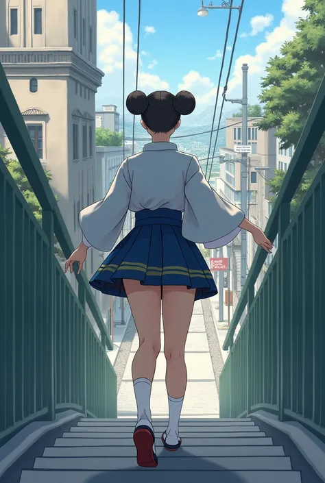 Back view of a Japanese woman with white bunts visible from her miniskirt while climbing the steps of a pedestrian bridge