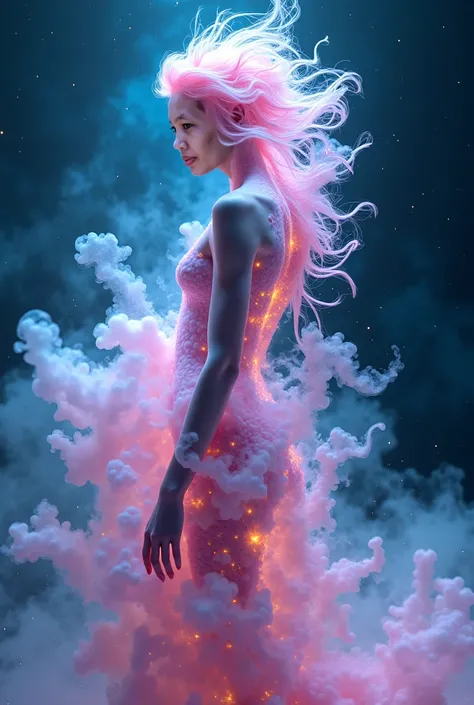 Metamorphosis through Swirling Gases: A series of photorealistic images depicting a figure undergoing a metamorphosis through swirling gases and ethereal forms in a surreal, avant-garde fashion editorial. The figure’s body is in a state of flux, shifting a...