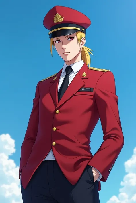 Namikaze Minato with red officer cap and red officer uniform and white shirt and black tie posing hands in pocket and back ground is Blue sky