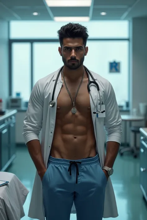 A highly muscular and well-defined Indian  male doctor with a perfectly sculpted, toned physique. His broad, hairy chest, 8 pack  abs, and strong, defined arms radiate raw sex appeal. He  is clean shaven, ,shaped sharp and perfect strong ine.His thick, vol...